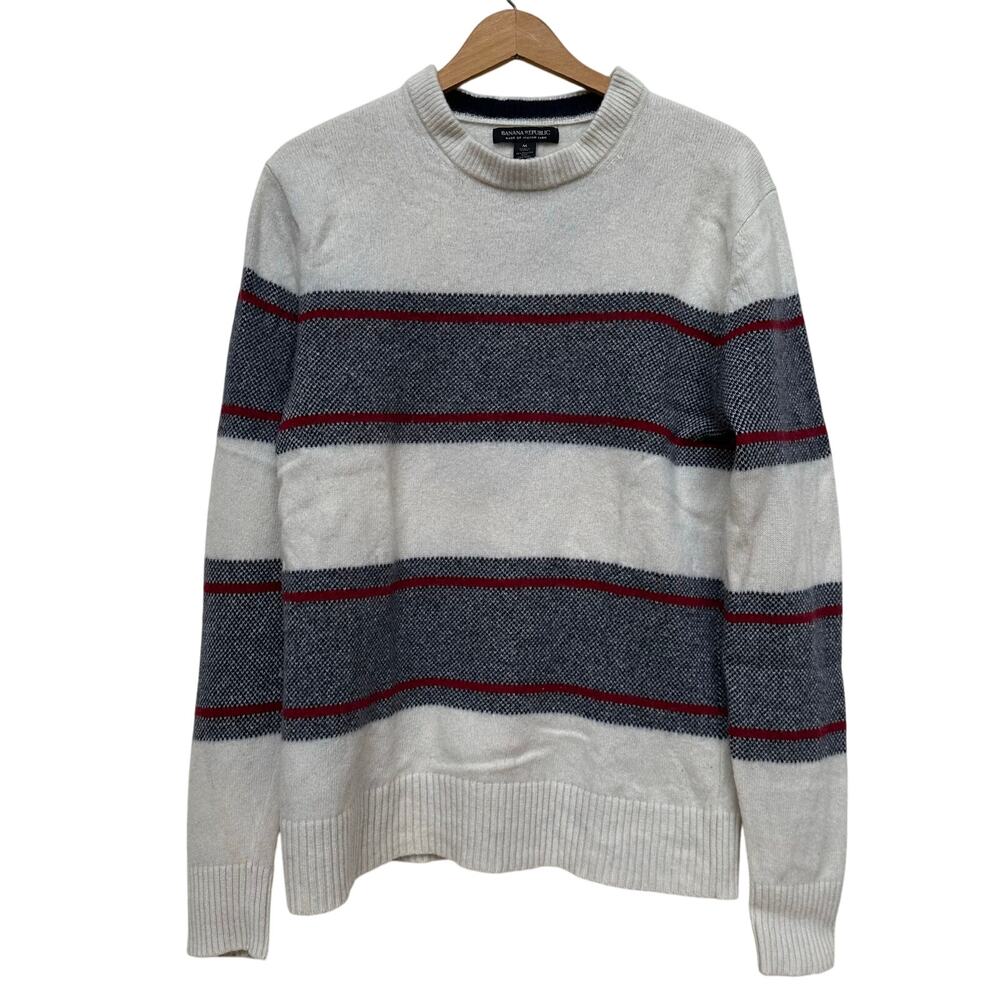 Banana Republic Wool Blend Crewneck Sweater M Gray Red Stripe Italian Yarn